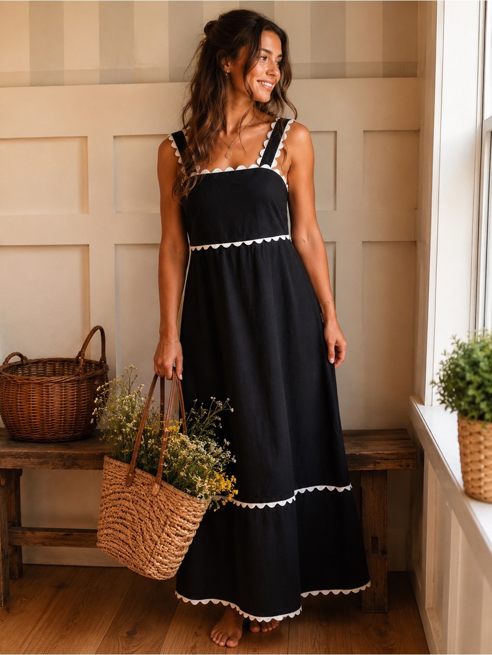 Cynthia Rowley Black Maxi Dress with White Scallop Trim XS